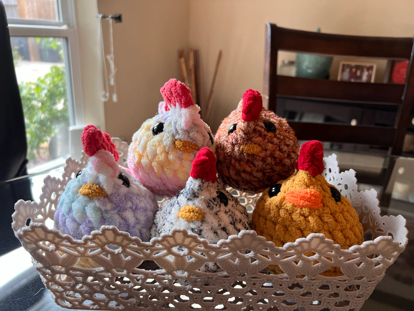 Front view of a chicken plushie group