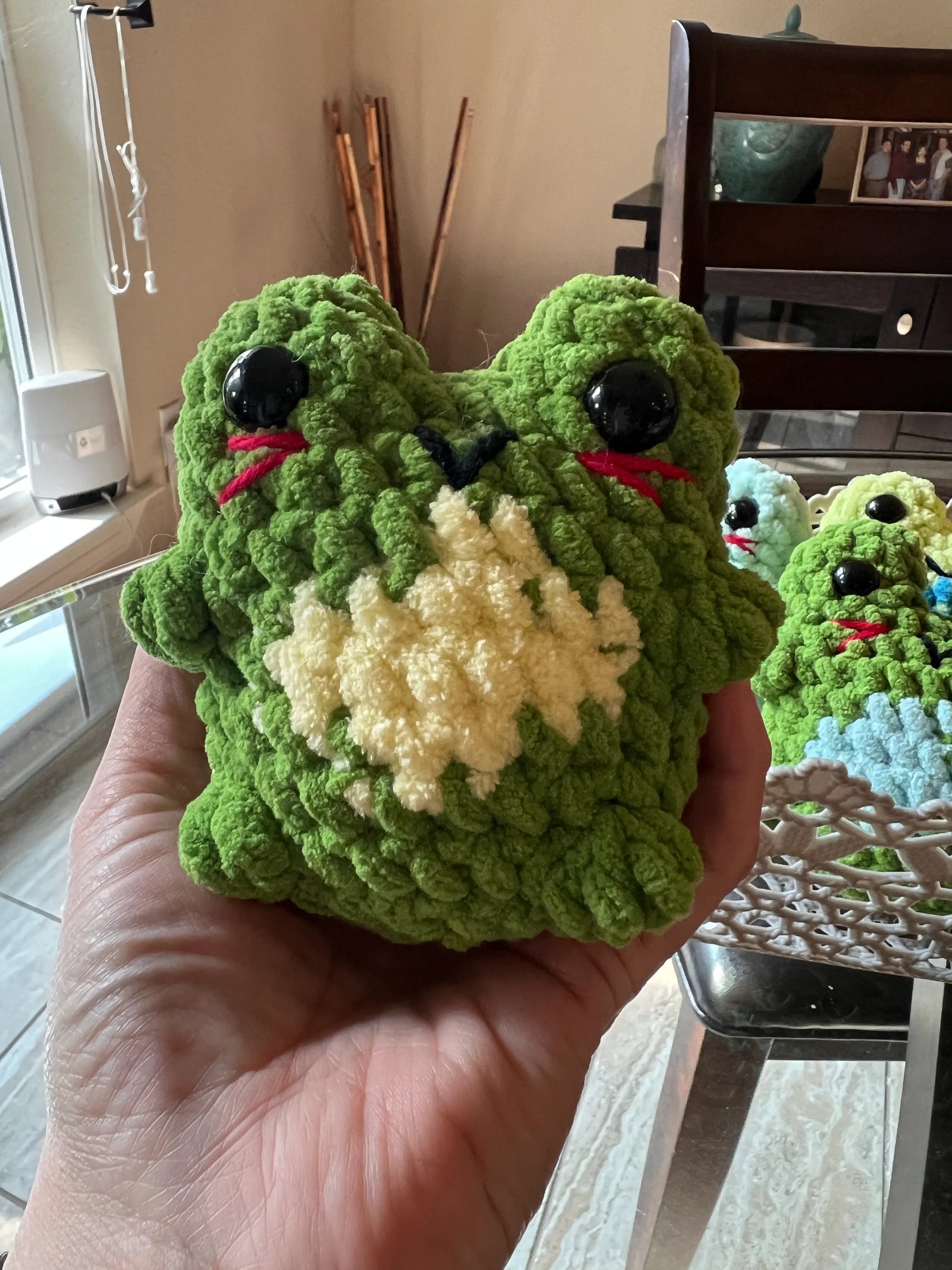 Front view of the green frog plushie