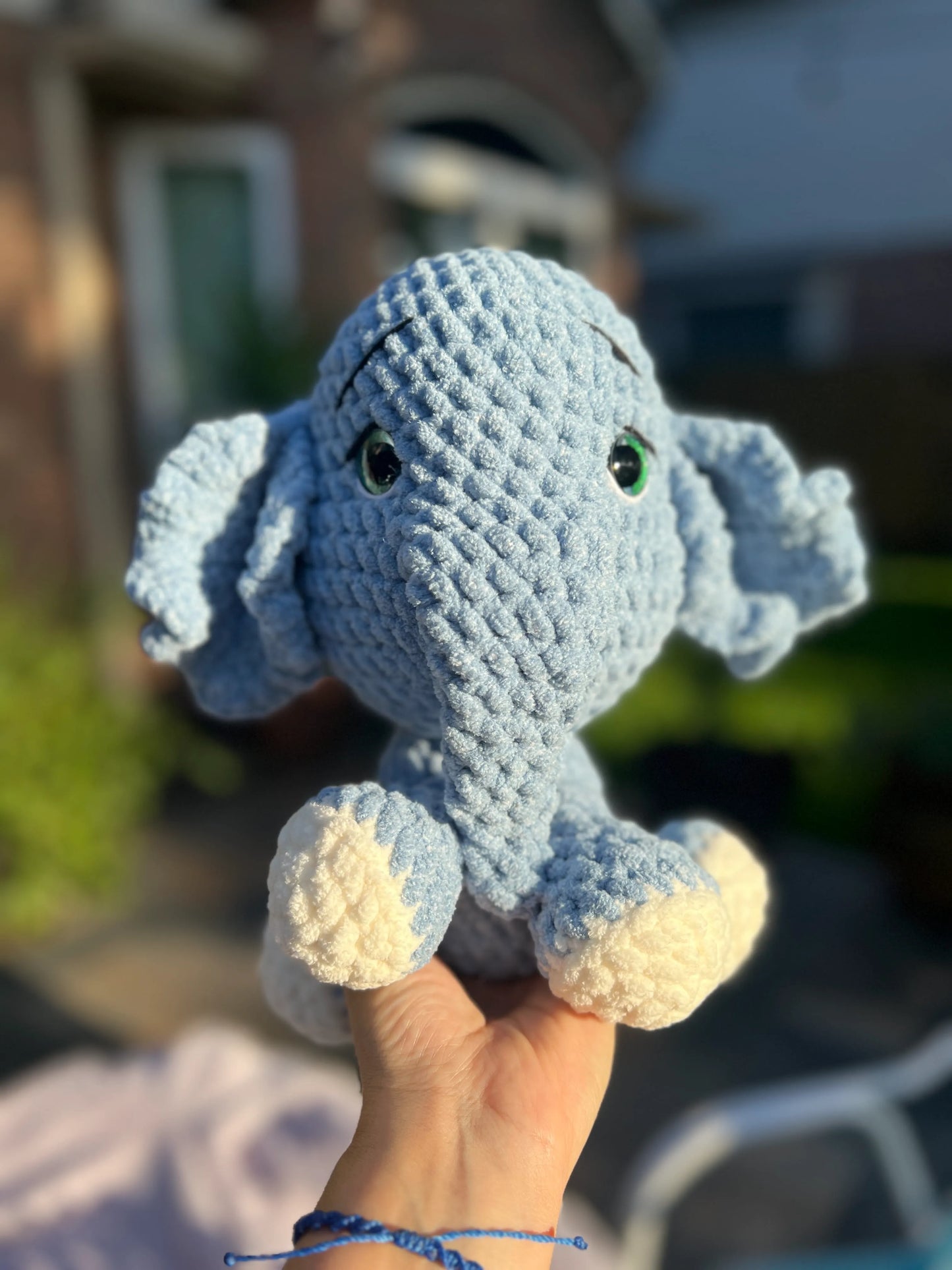 Front view of the sky-blue elephant plushie